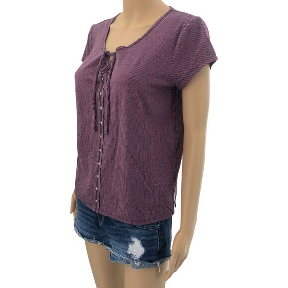 Rock & Republic MEDIUM Purple Striped Tee Shirt T-Shirt Button Front Scoop Neck - Picture 1 of 7